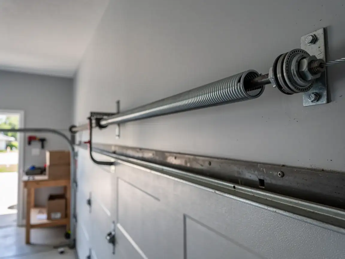 A garage door torsion spring is mounted above a white garage door.