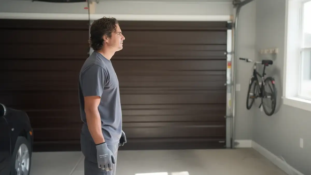A technician in a gray shirt and gloves stands in a garage with a brown door.