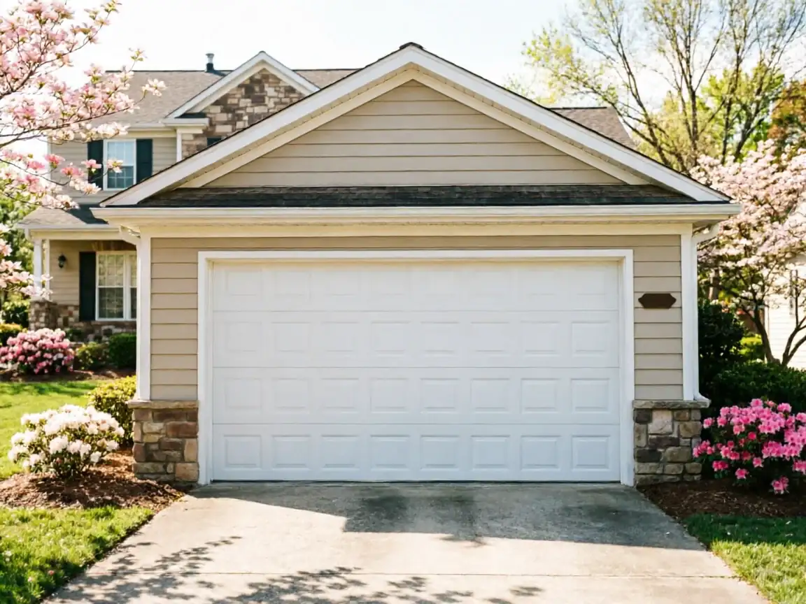 The house has a white garage door, tan siding, and stone accents.