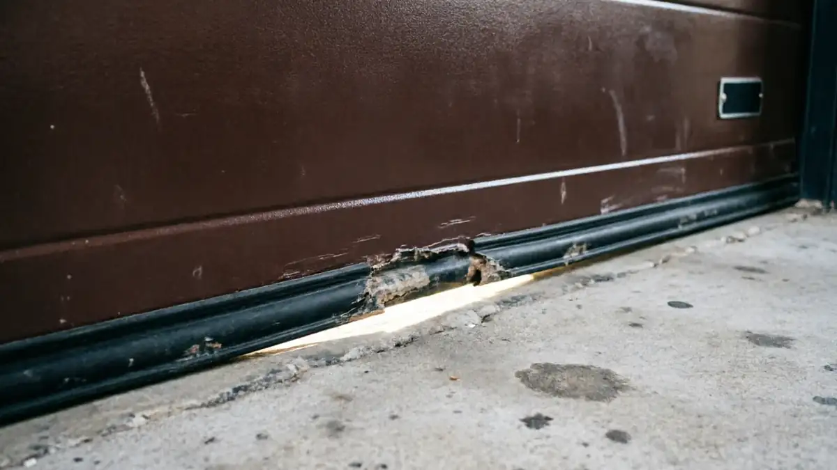 The bottom of a brown garage door is damaged and has a gap.
