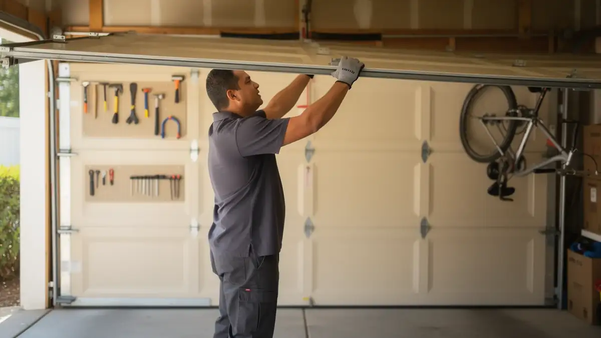 A technician in a gray uniform is adjusting a garage door.
