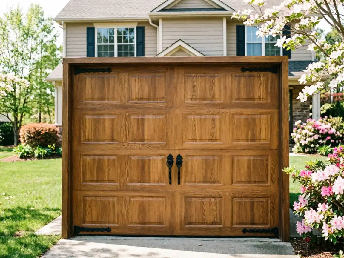A brown wooden garage door with black handles and hinges is in front of a house.